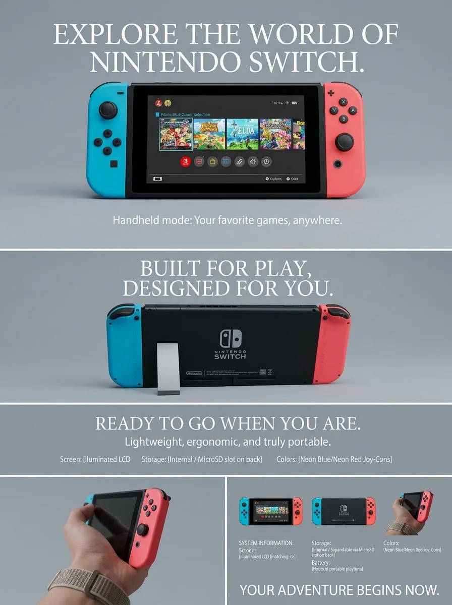 Multi-panel visual story presenting a handheld game console