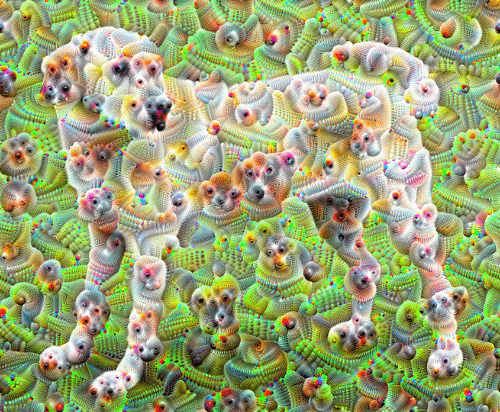 Early AI-generated DeepDream art with colorful, surreal animal-like faces