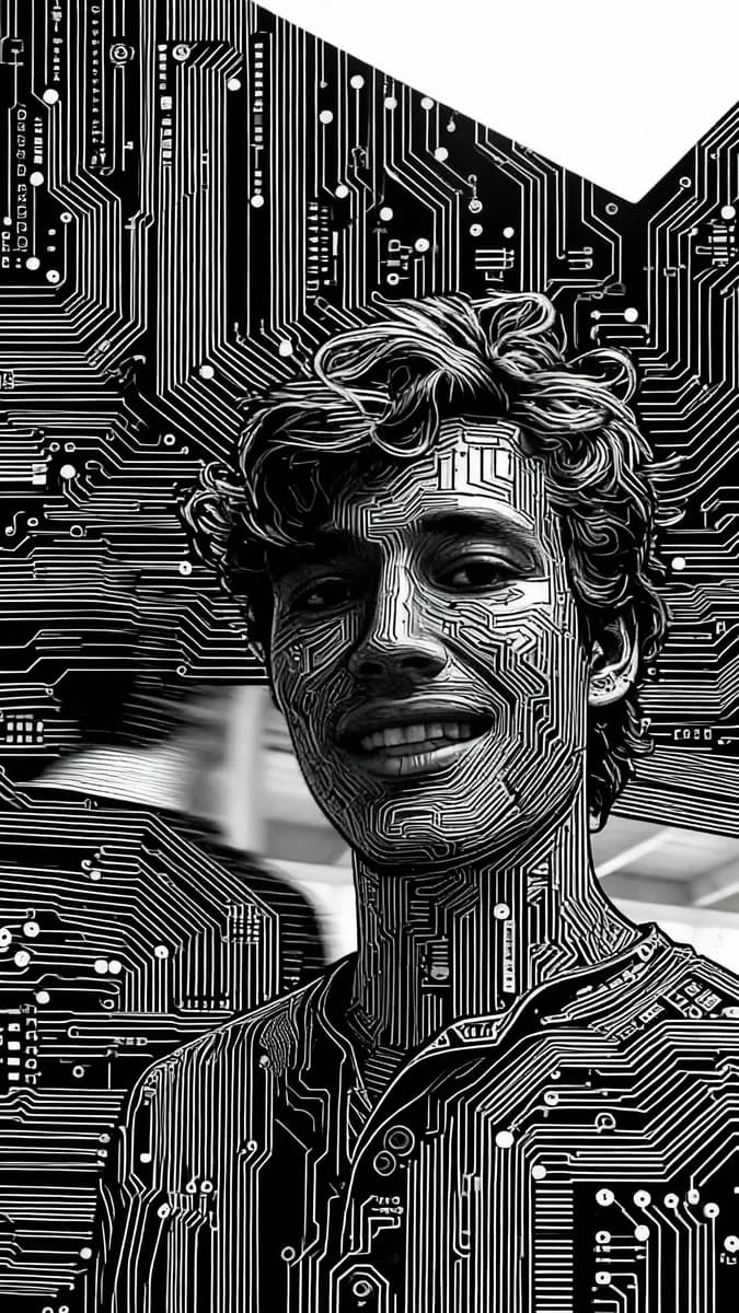 Portrait transformed into an intricate electronic circuit design